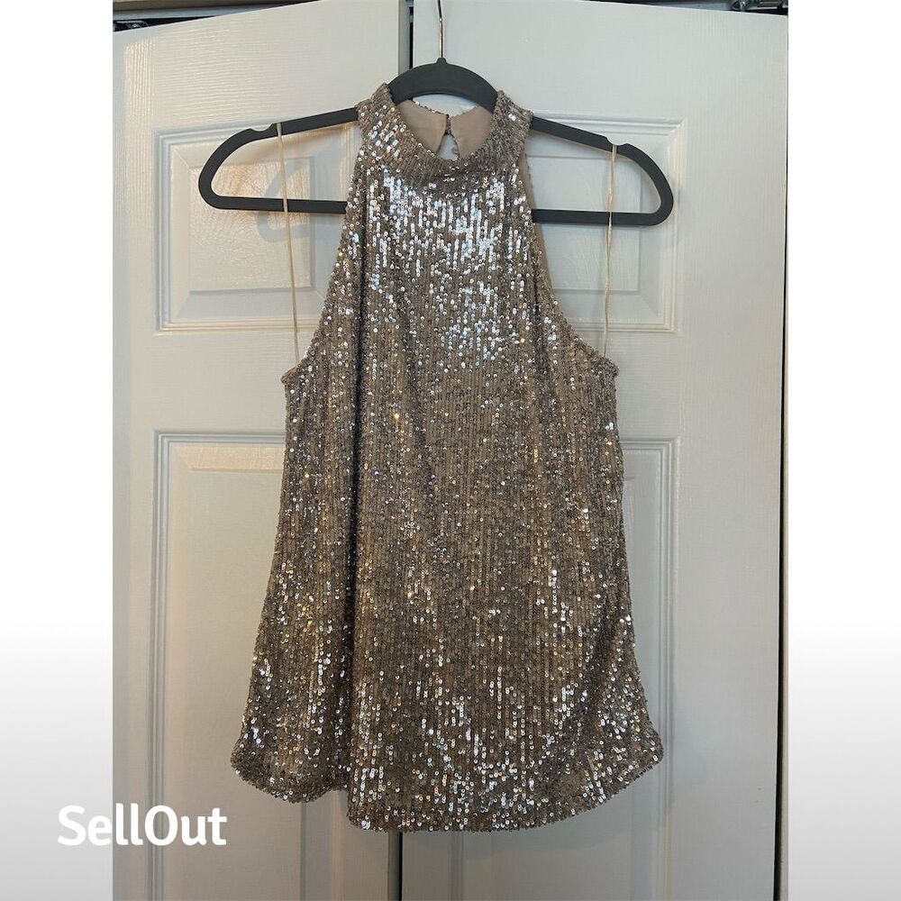 Christian Siriano NY Women's Silver Sequin Halter Tank Top Size M - Picture 1 of 4
